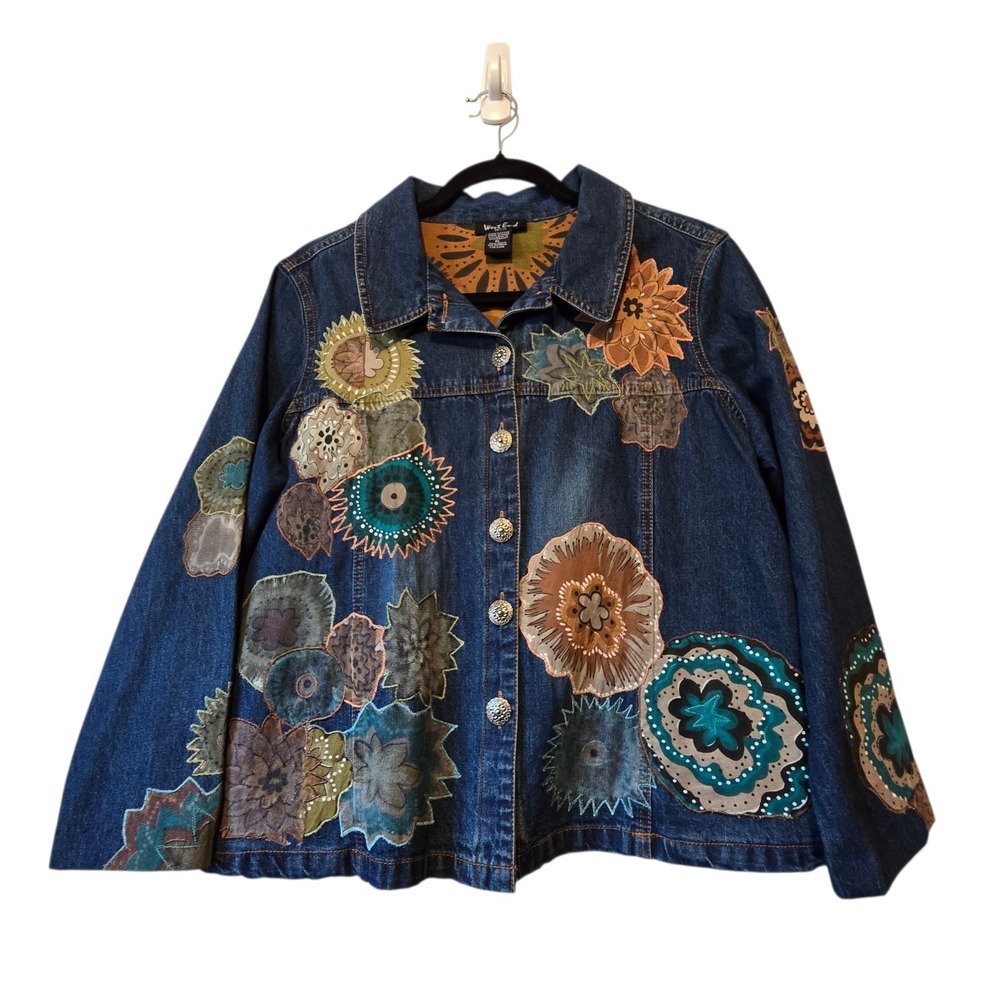 Vintage 90s Y2K West End Denim Jacket Womens PL Embroidered Floral Applique Boho